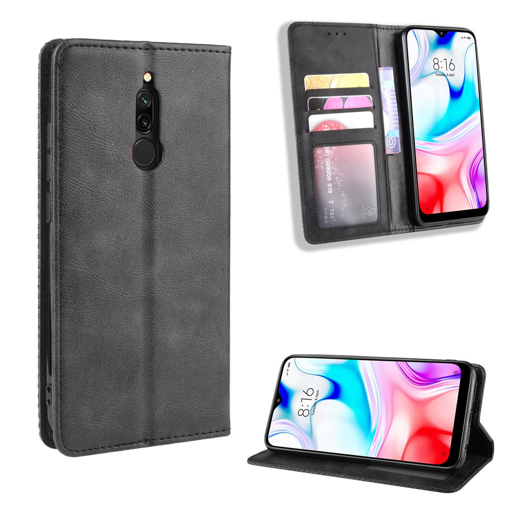 Retro Auto-absorbed Leather Casing Shell for Xiaomi Redmi 8 - Black-1