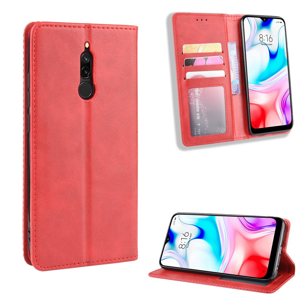 Retro Auto-absorbed Leather Casing Shell for Xiaomi Redmi 8 - Red-1