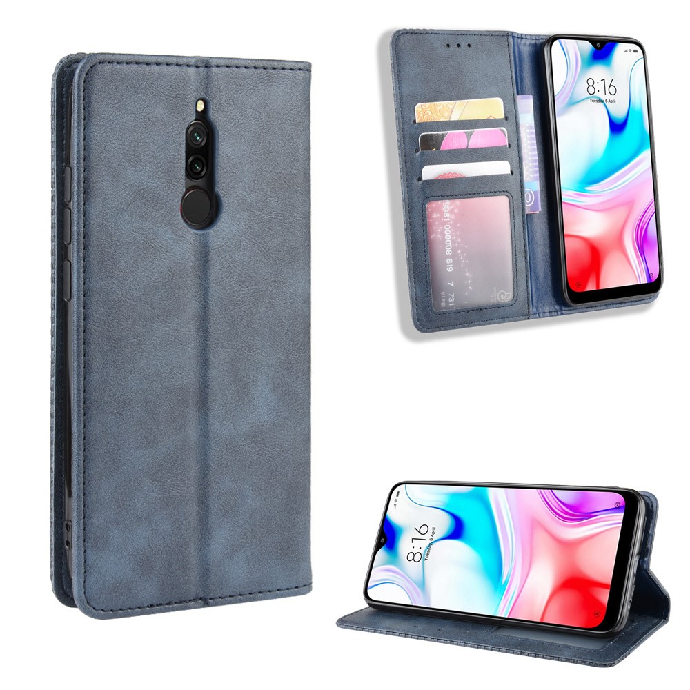 Retro Auto-absorção De Couro Case Shell Para Xiaomi Redmi 8 - Azul