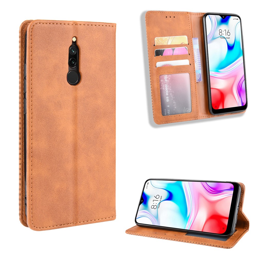 Retro Auto-absorbed Leather Casing Shell for Xiaomi Redmi 8 - Brown-1