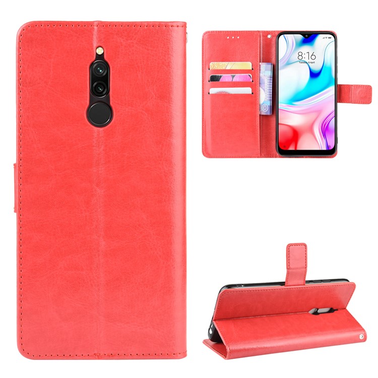 Crazy Horse Texture Leather Wallet Phone Casing for Xiaomi Redmi 8 - Red-1