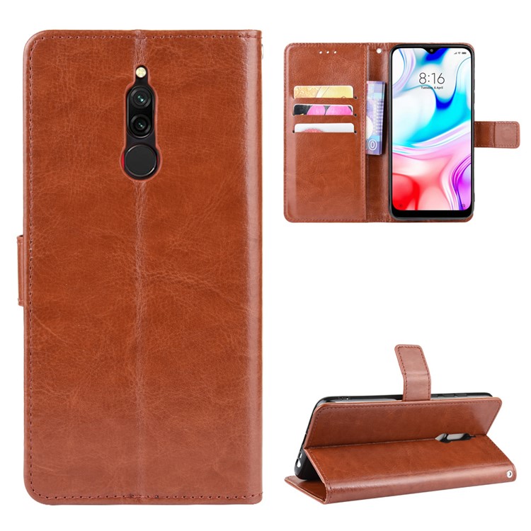 Crazy Horse Texture Leather Wallet Phone Casing for Xiaomi Redmi 8 - Brown-1