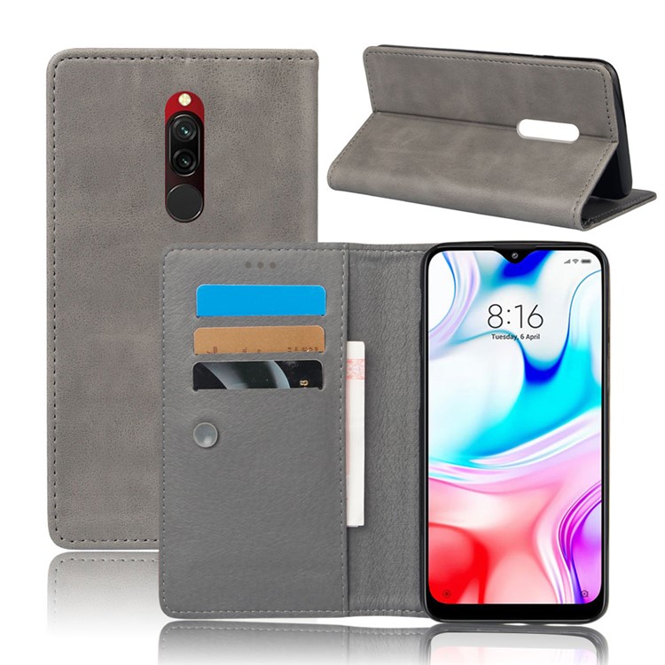 KSQ Crazy Horse Sucker Closure Leather Wallet Case for Xiaomi Redmi 8 - Grey-1