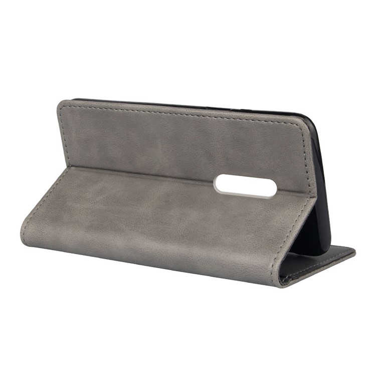 KSQ Crazy Horse Sucker Closure Leather Wallet Case for Xiaomi Redmi 8 - Grey-4
