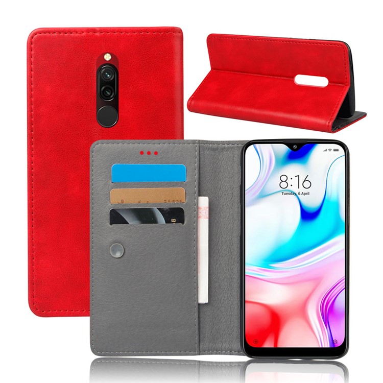 KSQ Crazy Horse Sucker Closure Leather Wallet Case for Xiaomi Redmi 8 - Red-1