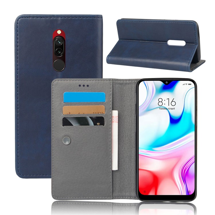 KSQ Crazy Horse Sucker Closure Leather Wallet Case for Xiaomi Redmi 8 - Dark Blue-1