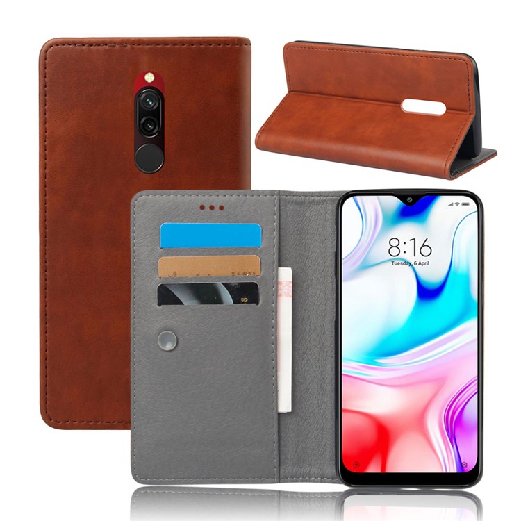 KSQ Crazy Horse Sucker Closure Leather Wallet Case for Xiaomi Redmi 8 - Brown-1