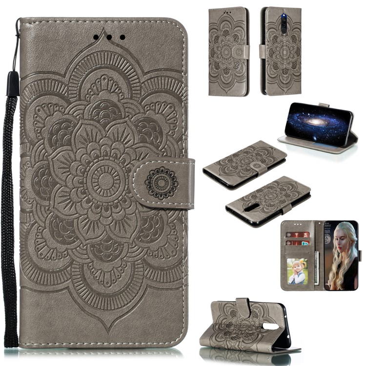 Cassa Del Raccoglitore Del Cuoio Dell'unità Di Elaborazione Impronta Mandala Fiore Per Xiaomi Redmi 8 - Grigio-1
