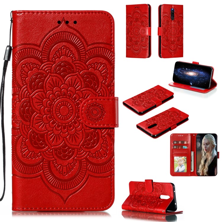 Imprint Mandala Flower PU Leather Wallet Case for Xiaomi Redmi 8 - Red-1