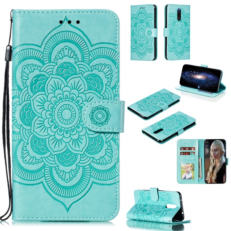Imprint Mandala Flower PU Leather Wallet Case for Xiaomi Redmi 8 - Cyan-1