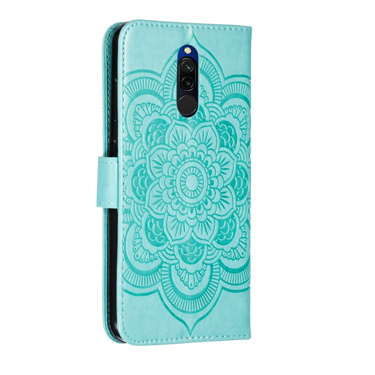 Imprint Mandala Flower PU Leather Wallet Case for Xiaomi Redmi 8 - Cyan-4
