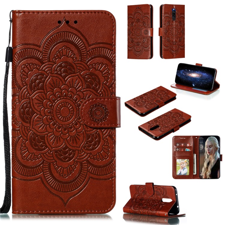 Imprint Mandala Flower PU Leather Wallet Case for Xiaomi Redmi 8 - Brown-1