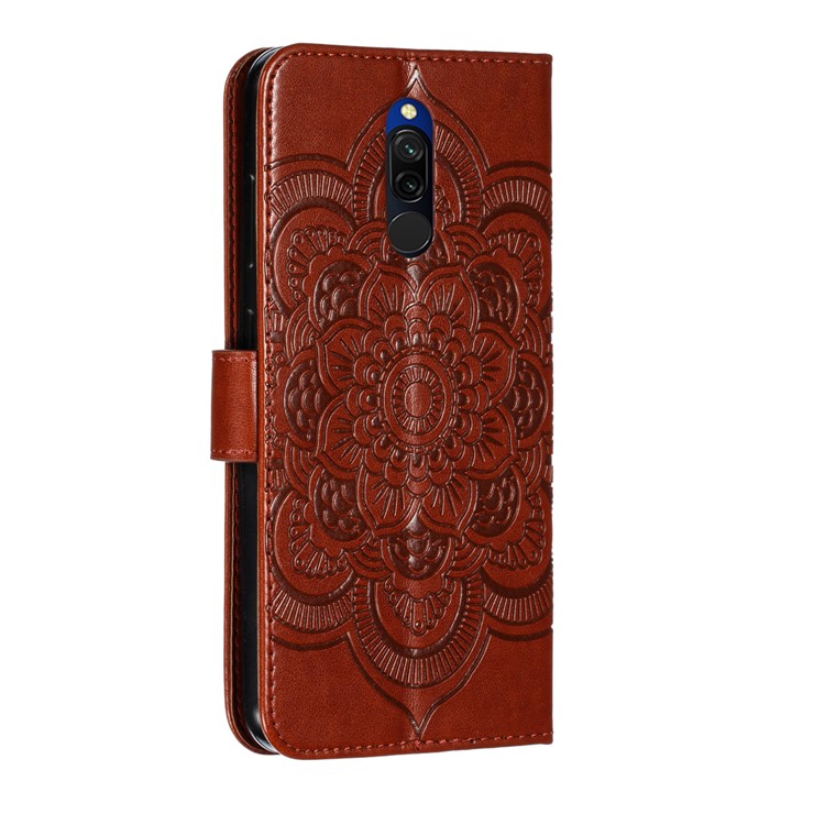 Imprint Mandala Flower PU Leather Wallet Case for Xiaomi Redmi 8 - Brown-4