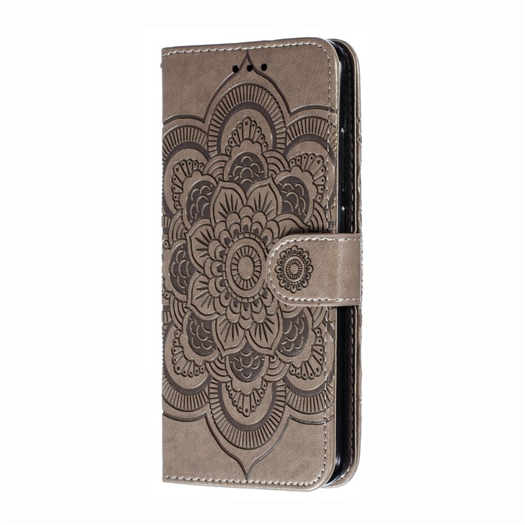 Imprint Mandala Flower Wallet Leather Stand Case for Xiaomi Redmi Note 8 - Grey-3