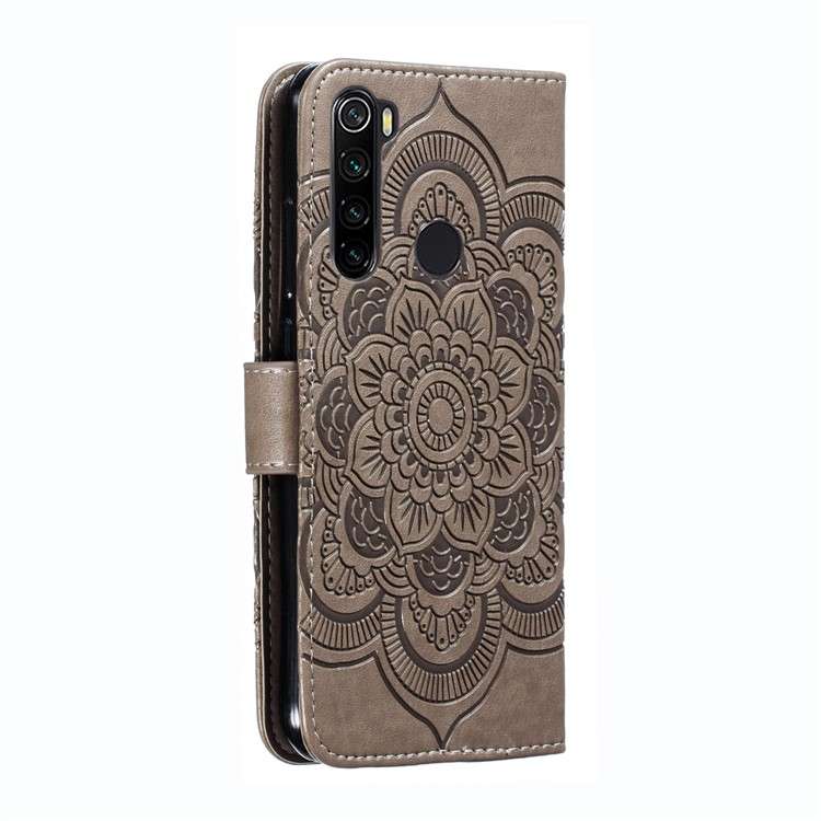 Imprint Mandala Flower Wallet Leather Stand Case for Xiaomi Redmi Note 8 - Grey-4