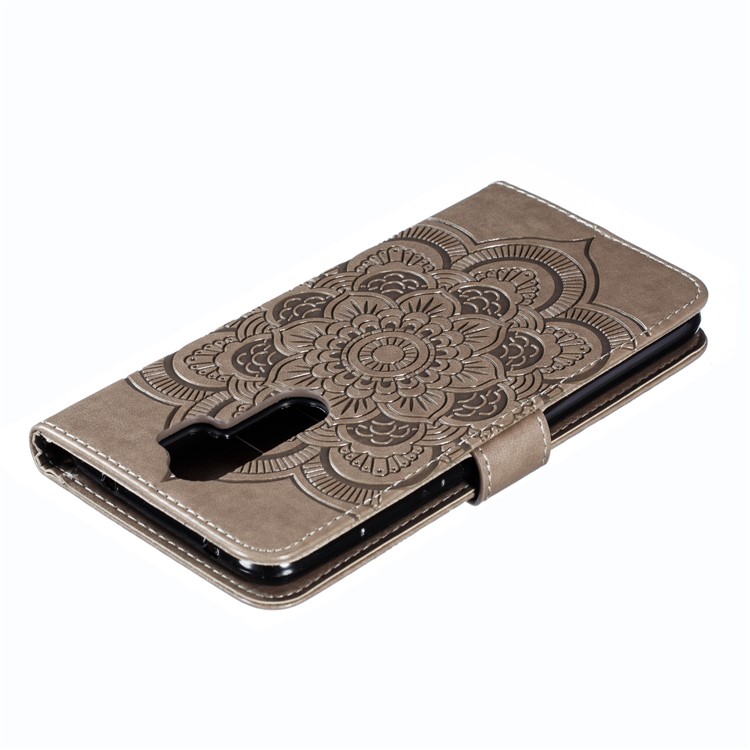 Imprint Mandala Flower Wallet Leather Stand Case for Xiaomi Redmi Note 8 - Grey-6