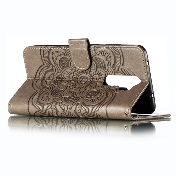 Imprint Mandala Flower Wallet Leather Stand Case for Xiaomi Redmi Note 8 - Grey-7