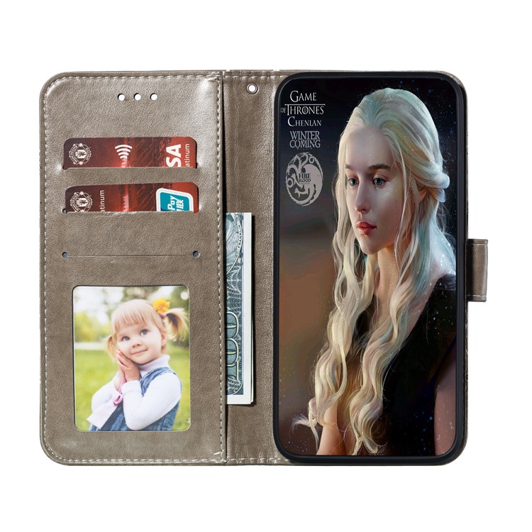 Imprint Mandala Flower Wallet Leather Stand Case for Xiaomi Redmi Note 8 - Grey-9