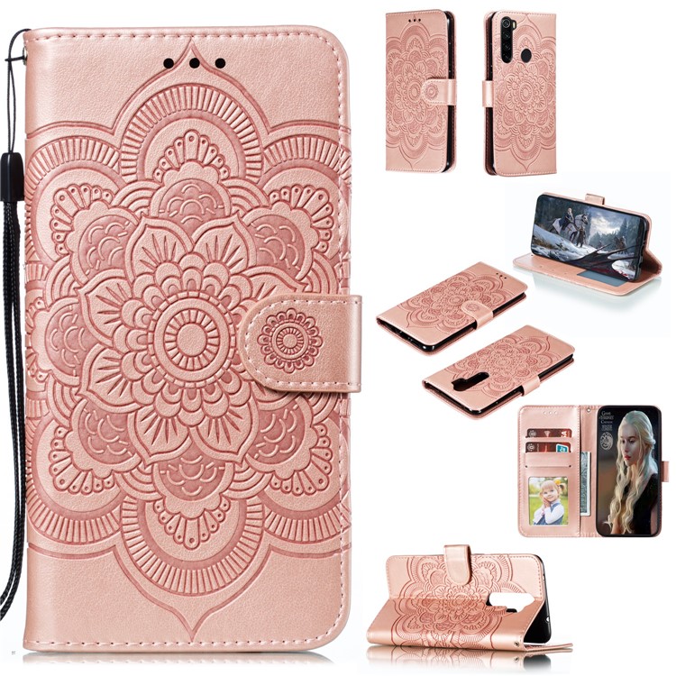 Imprint Mandala Flower Wallet Leather Stand Case for Xiaomi Redmi Note 8 - Rose Gold-1