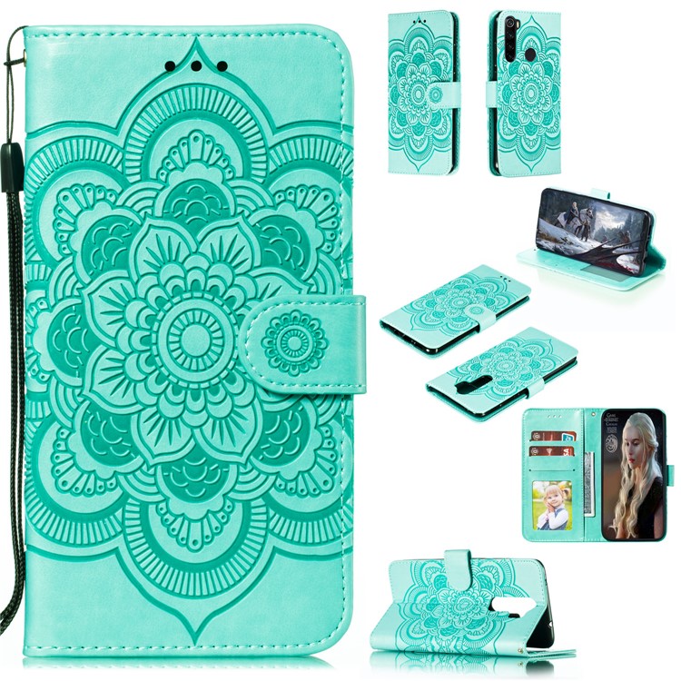 Imprint Mandala Flower Wallet Leather Stand Case for Xiaomi Redmi Note 8 - Cyan-1