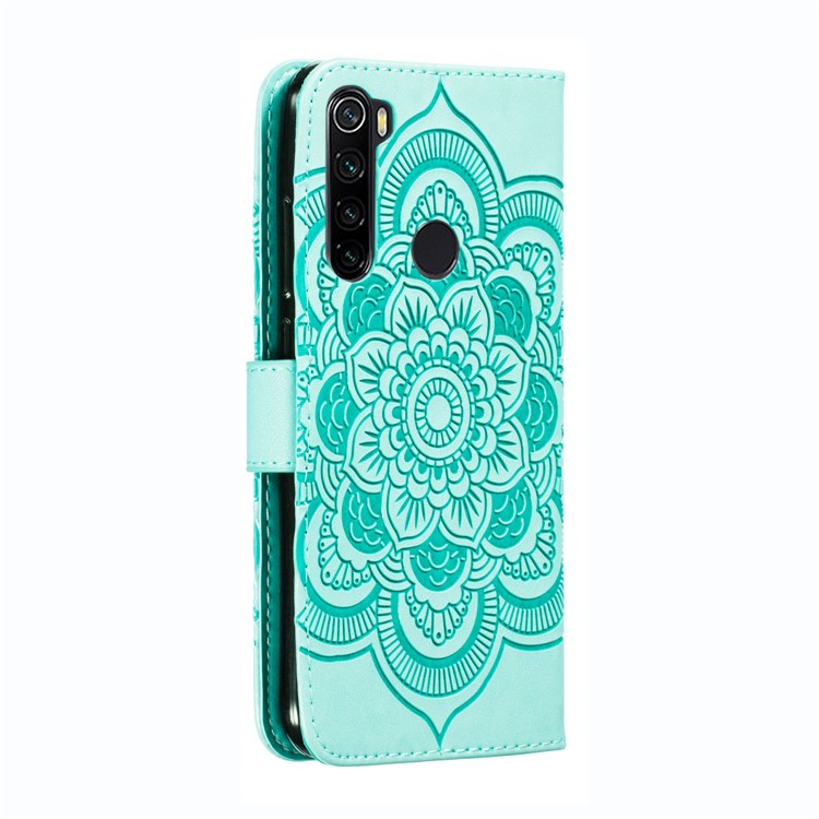 Imprint Mandala Flower Wallet Leather Stand Case for Xiaomi Redmi Note 8 - Cyan-4