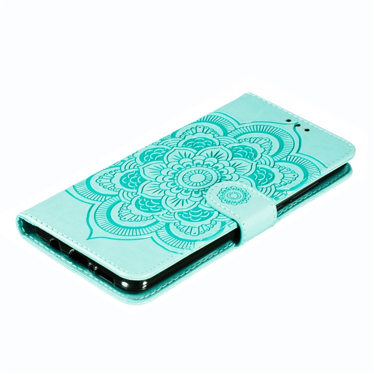 Imprint Mandala Flower Wallet Leather Stand Case for Xiaomi Redmi Note 8 - Cyan-5