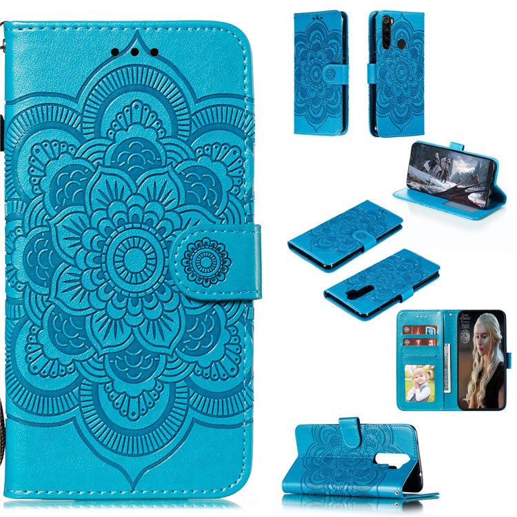 Imprint Mandala Flower Wallet Leather Stand Case for Xiaomi Redmi Note 8 - Blue-1