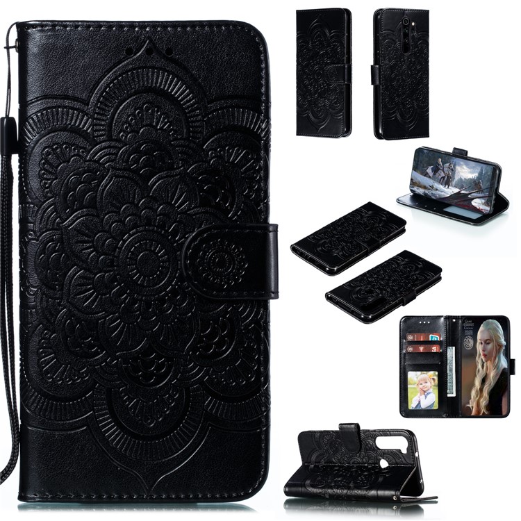 Imprint Mandala Flower Leather Wallet Case for Xiaomi Redmi Note 8 Pro - Black-1