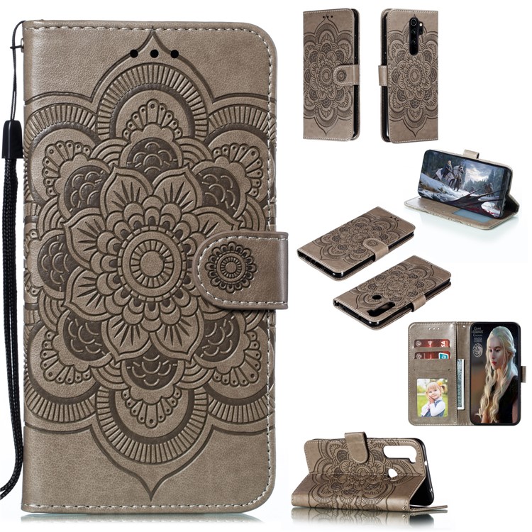 Imprint Mandala Flower Leather Wallet Case for Xiaomi Redmi Note 8 Pro - Grey-1