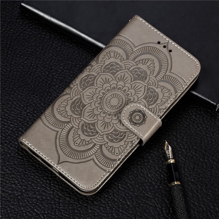 Imprint Mandala Flower Leather Wallet Case for Xiaomi Redmi Note 8 Pro - Grey-11