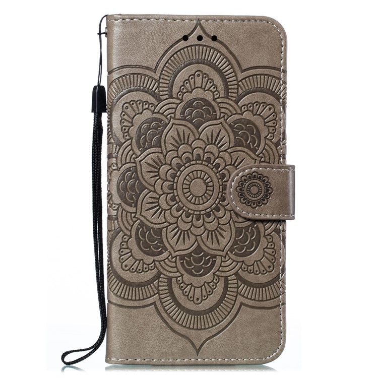 Imprint Mandala Flower Leather Wallet Case for Xiaomi Redmi Note 8 Pro - Grey-2