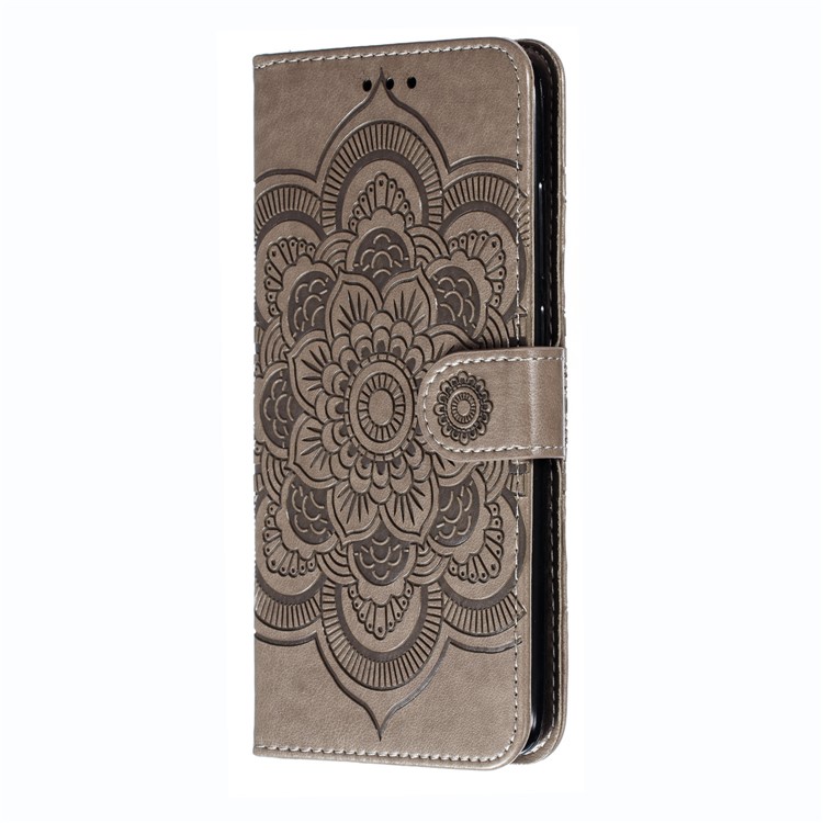 Imprint Mandala Flower Leather Wallet Case for Xiaomi Redmi Note 8 Pro - Grey-3