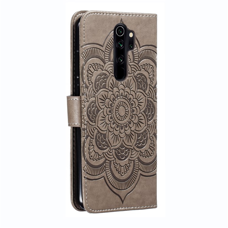 Imprint Mandala Flower Leather Wallet Case for Xiaomi Redmi Note 8 Pro - Grey-4