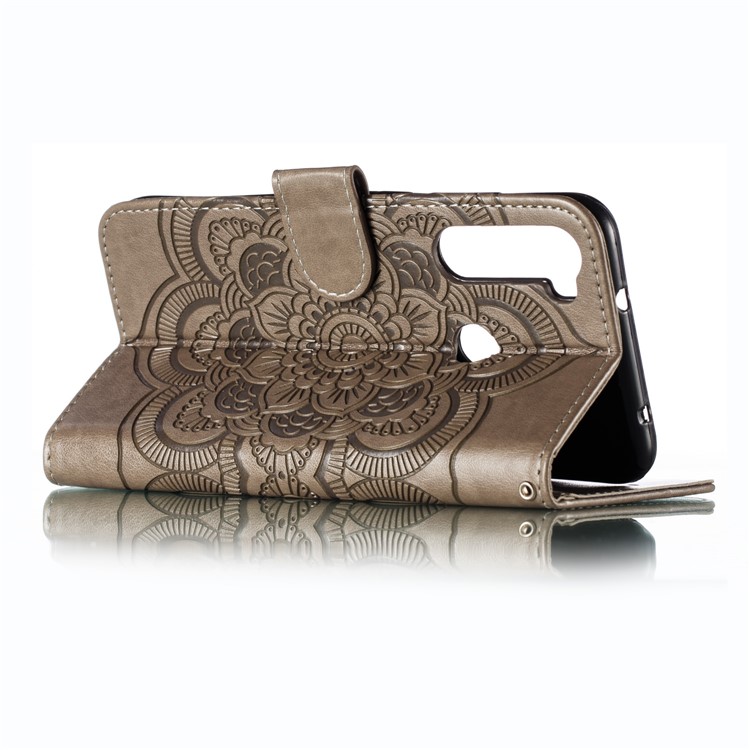 Imprint Mandala Flower Leather Wallet Case for Xiaomi Redmi Note 8 Pro - Grey-7