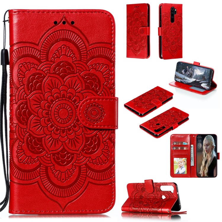 Imprint Mandala Flower Leather Wallet Case for Xiaomi Redmi Note 8 Pro - Red-1