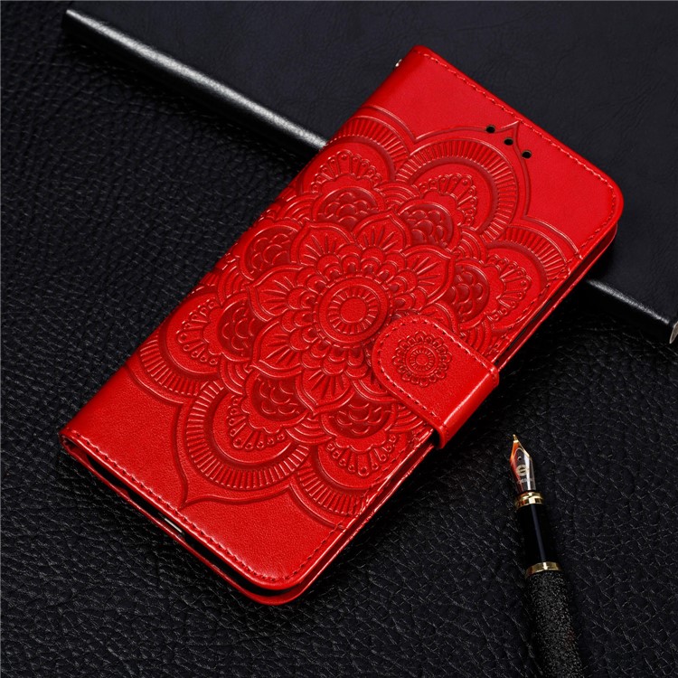 Imprint Mandala Flower Leather Wallet Case for Xiaomi Redmi Note 8 Pro - Red-11
