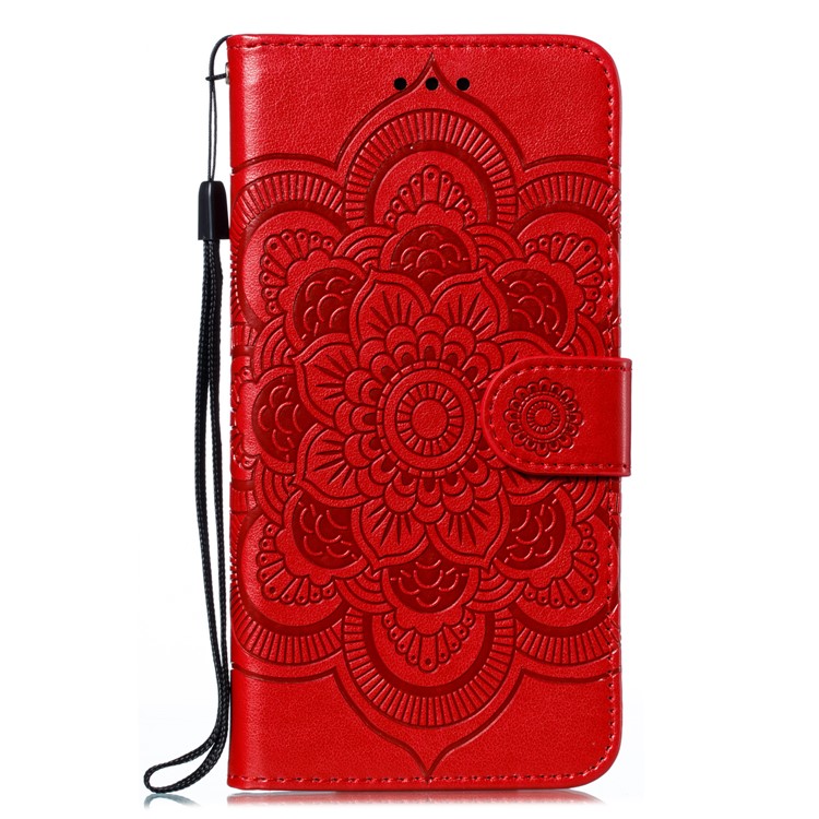 Imprint Mandala Flower Leather Wallet Case for Xiaomi Redmi Note 8 Pro - Red-2