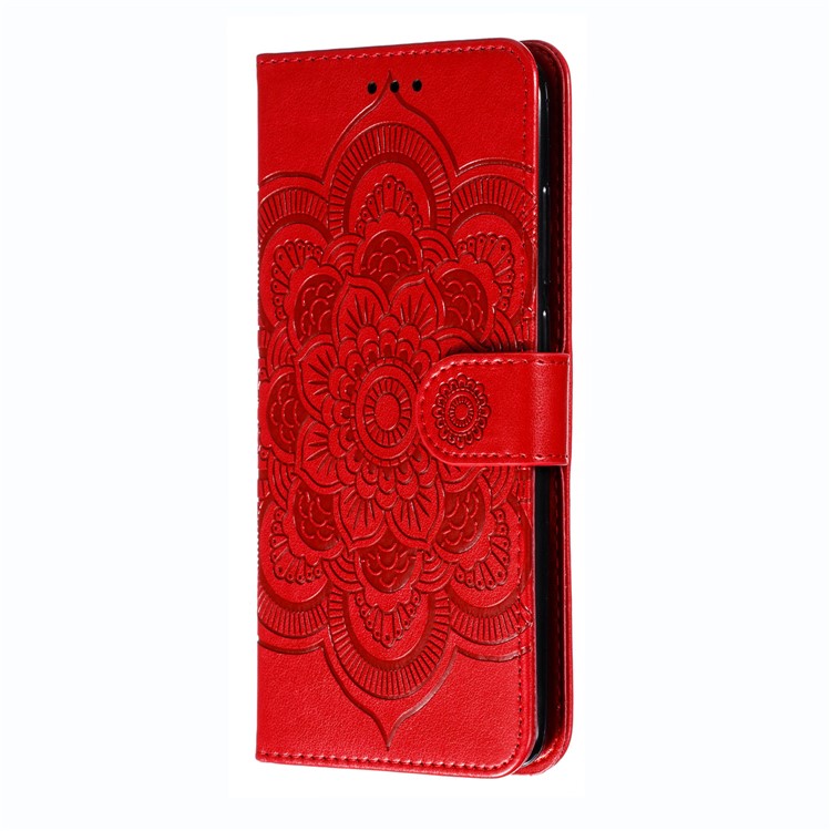 Imprint Mandala Flower Leather Wallet Case for Xiaomi Redmi Note 8 Pro - Red-3