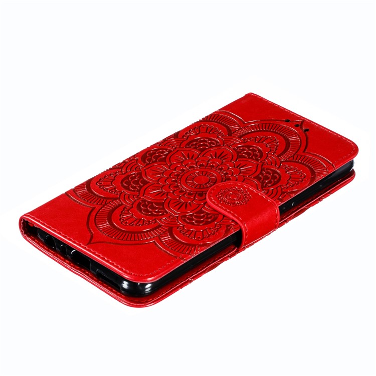 Imprint Mandala Flower Leather Wallet Case for Xiaomi Redmi Note 8 Pro - Red-5