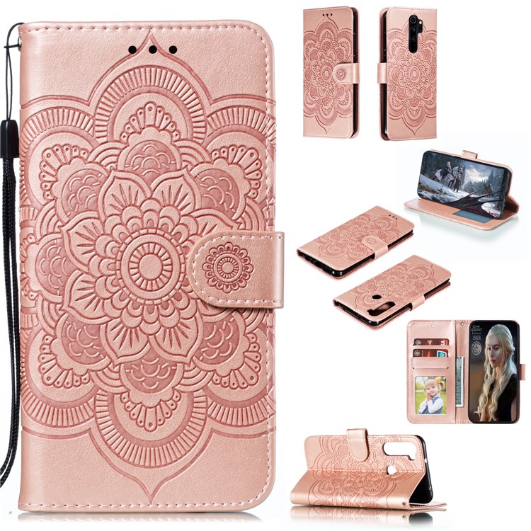 Imprint Mandala Flower Leather Wallet Case for Xiaomi Redmi Note 8 Pro - Rose Gold-1
