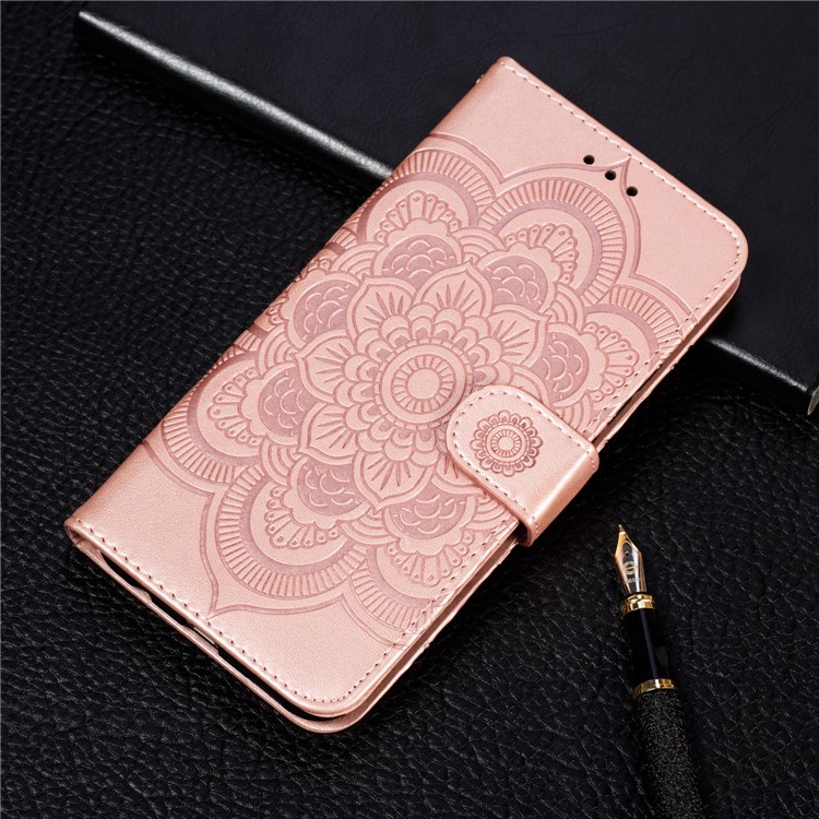 Imprint Mandala Flower Leather Wallet Case for Xiaomi Redmi Note 8 Pro - Rose Gold-11