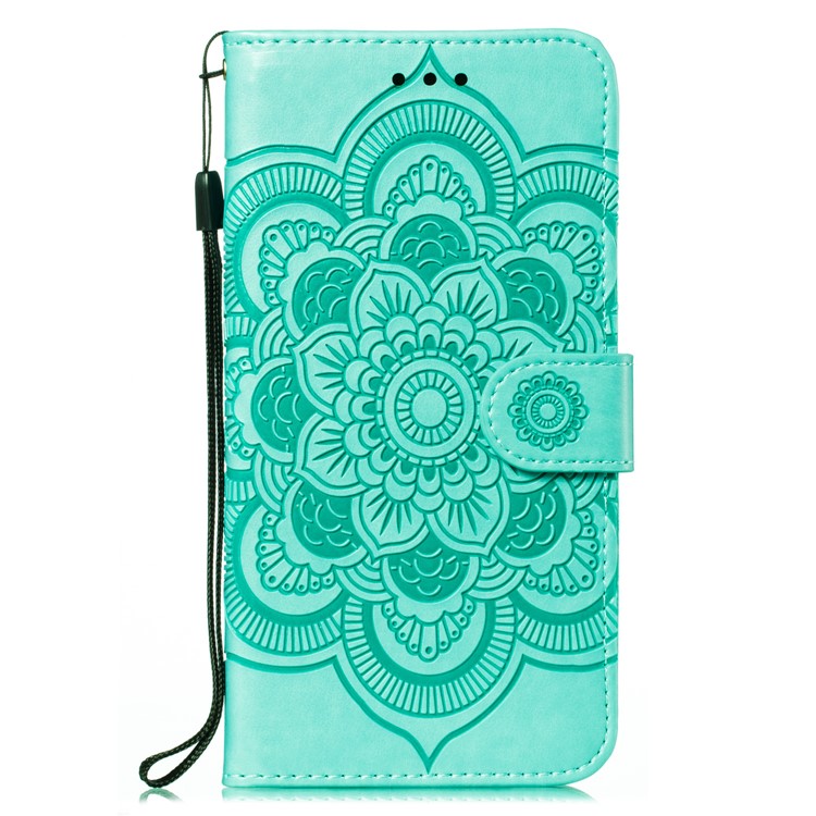 Imprint Mandala Flower Leather Wallet Case for Xiaomi Redmi Note 8 Pro - Cyan-2