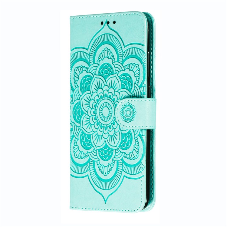 Imprint Mandala Flower Leather Wallet Case for Xiaomi Redmi Note 8 Pro - Cyan-3