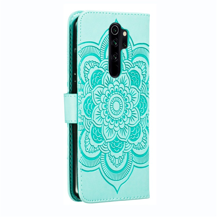 Imprint Mandala Flower Leather Wallet Case for Xiaomi Redmi Note 8 Pro - Cyan-4