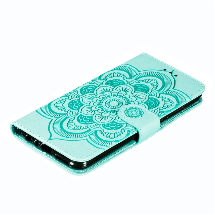 Imprint Mandala Flower Leather Wallet Case for Xiaomi Redmi Note 8 Pro - Cyan-5