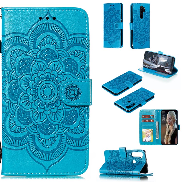 Imprint Mandala Flower Leather Wallet Case for Xiaomi Redmi Note 8 Pro - Blue-1