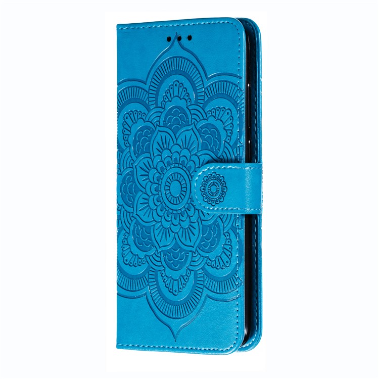 Imprint Mandala Flower Leather Wallet Case for Xiaomi Redmi Note 8 Pro - Blue-3