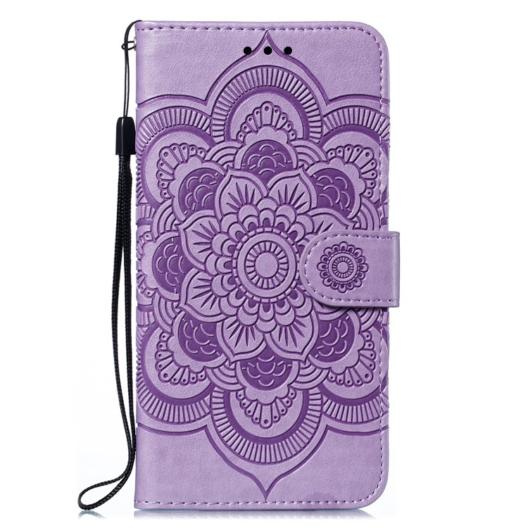 Imprint Mandala Flower Leather Wallet Case for Xiaomi Redmi Note 8 Pro - Purple-2