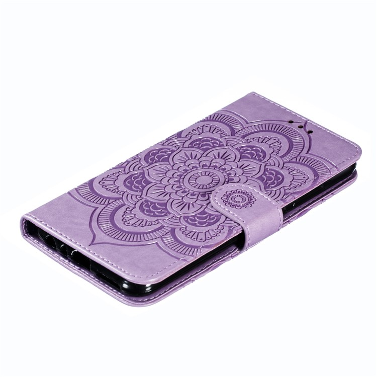 Imprint Mandala Flower Leather Wallet Case for Xiaomi Redmi Note 8 Pro - Purple-5