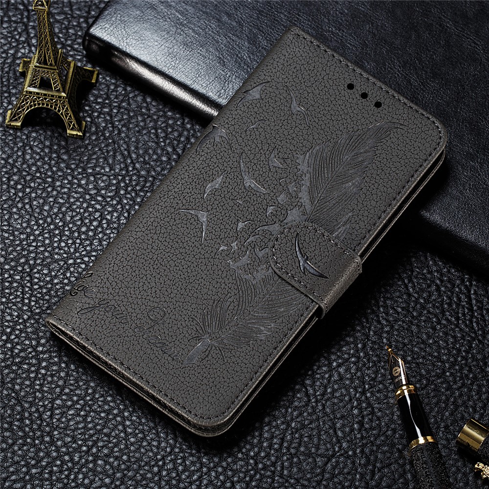 Litchi Skin Imprint Feather Leather Wallet Case for Xiaomi Redmi Note 8 - Grey-11